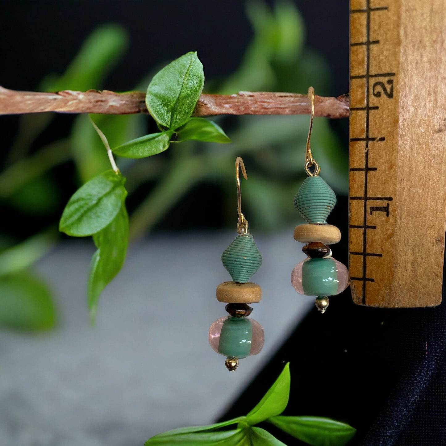 Mixed material glass, metal and wood turquoise drop earrings