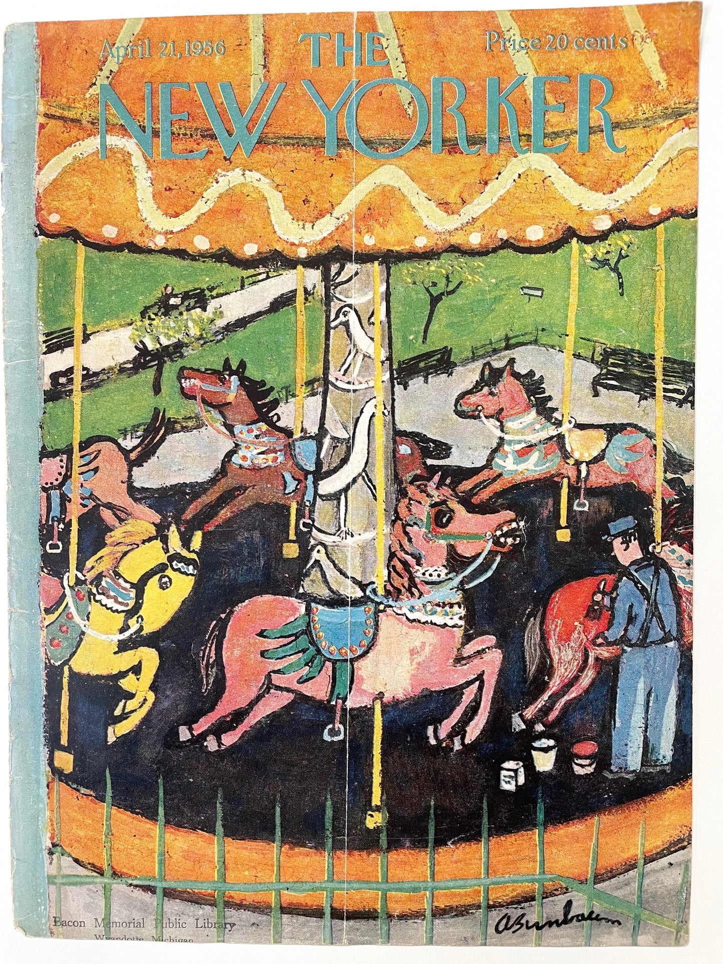 RARE - The NEW YORKER Magazine original cover - April 21, 1956 - carousel horses, merry go round