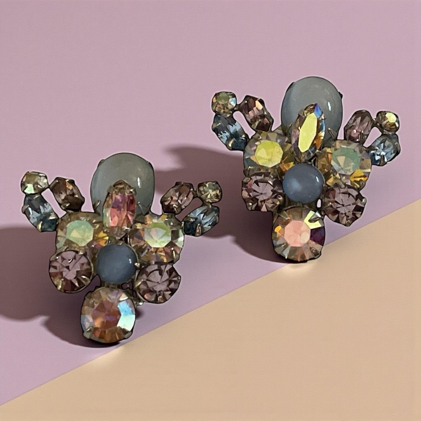 Vintage Rhinestone Cluster Clip On Earrings | Pastel Aurora Borealis Crystal Earrings | Mid Century Costume Jewelry