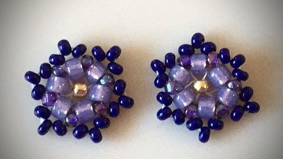 Tiny little hand beaded stud earrings - shades of purple and dark navy blue with goldtone center
