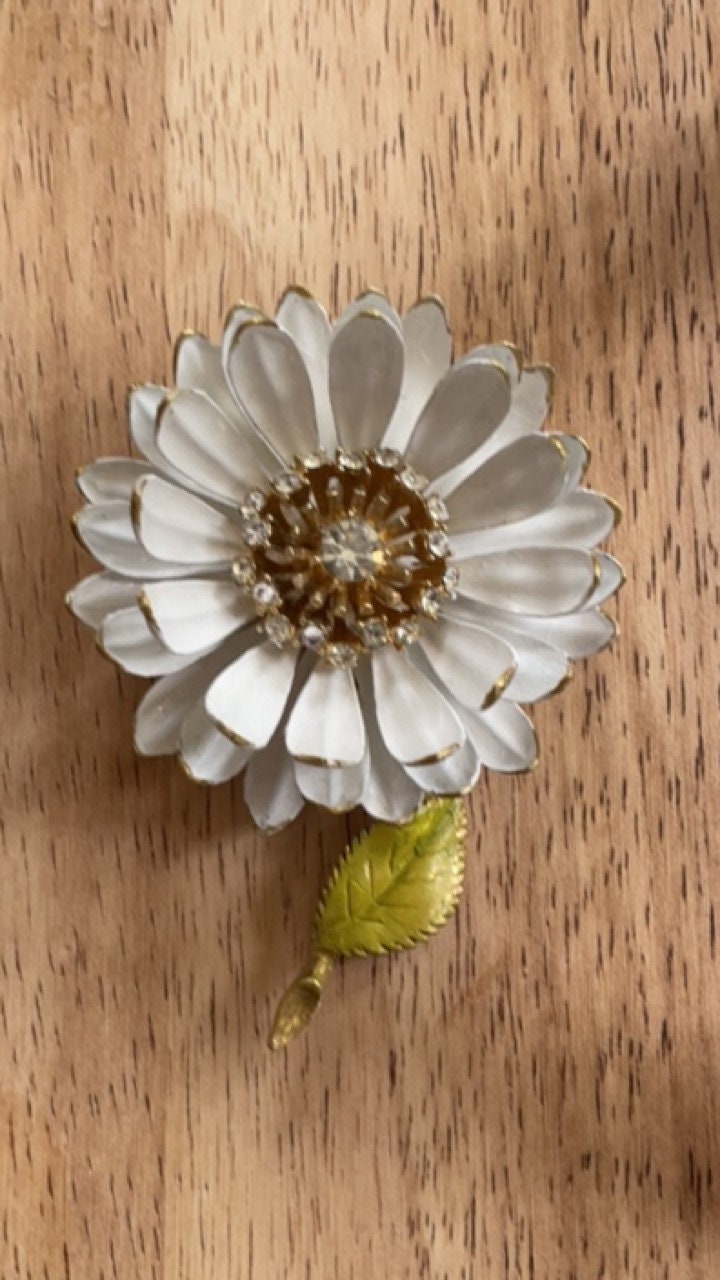 Revised, Modernized, Upcycled - hand made / hand painted one-of-a-kind mixed media vintage white flower pin with rhinestones