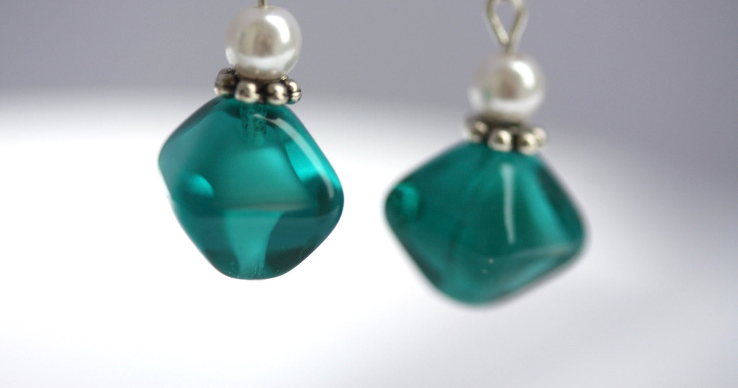 Long mixed material silver chain earrings with silver bars, faux baby pearls and triangular turquoise glass