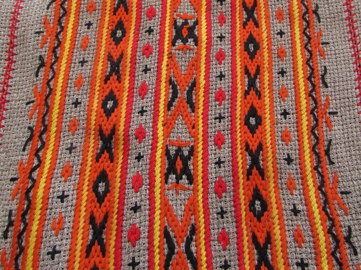 Vintage Embroidered Bag - Burnt Orange Burlap Drawstring Pouch with Tassel Detail