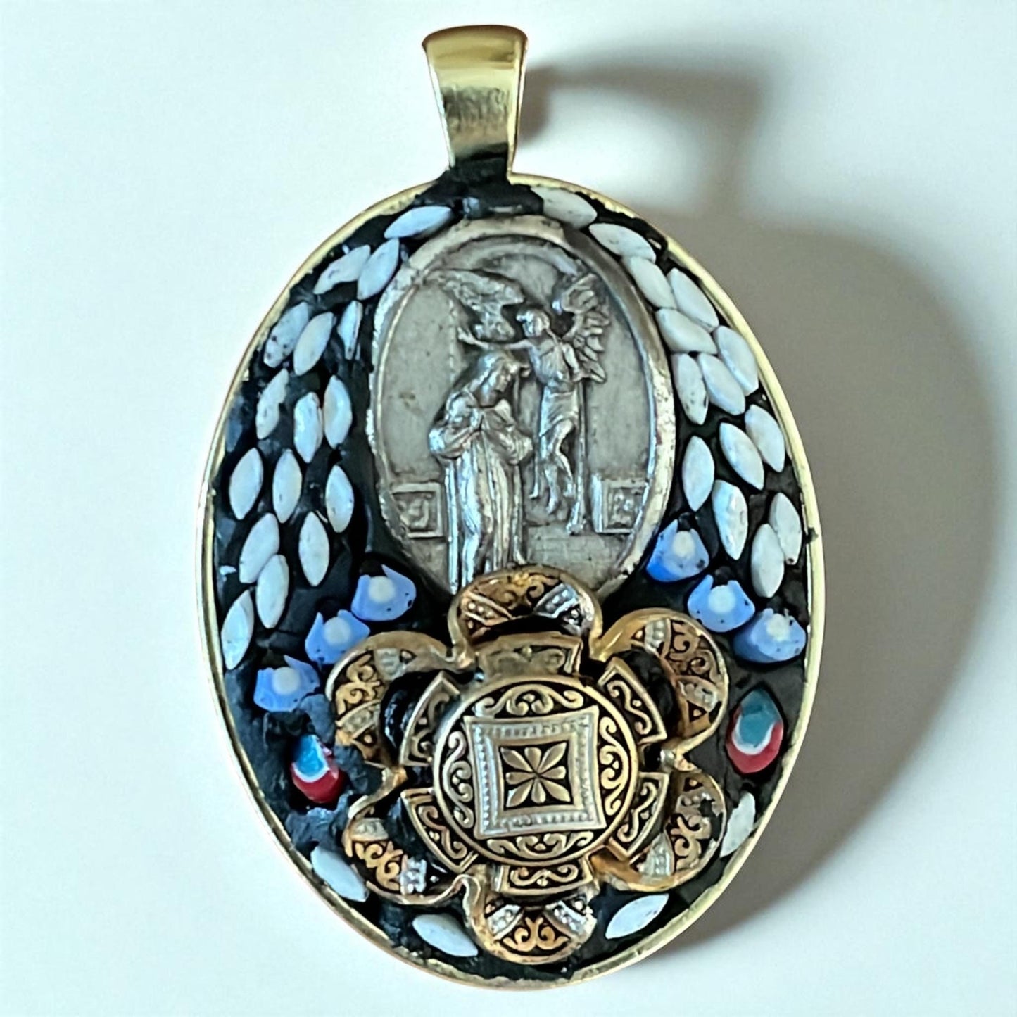 Handmade Micro Mosaic Oval Necklace – Vintage Christian Pendant and Damascene surrounded by hand cut Inlaid Glass Mosaic – Mixed Media
