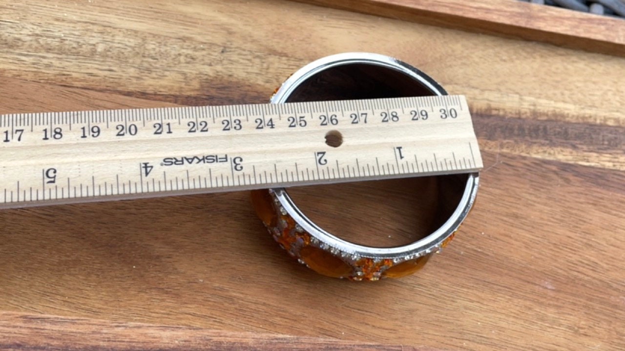 Stunning vintage wide bangle bracelet - orange inlaid rhinestone mosaic