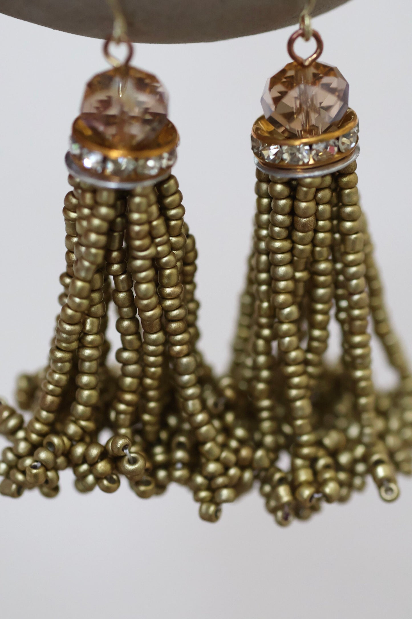 Stunning vintage beadwork gold tassel and crystal dangle earrings