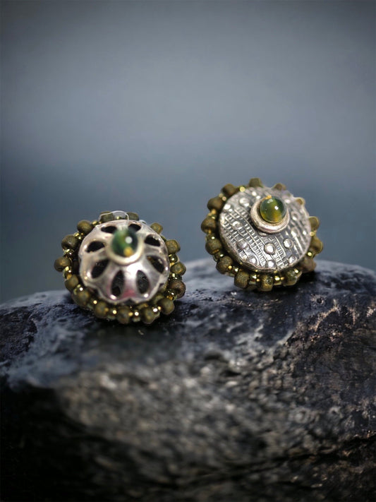 Mismatched mixed material hand beaded stud earrings - very unique - shades of green - handmade original beadwork