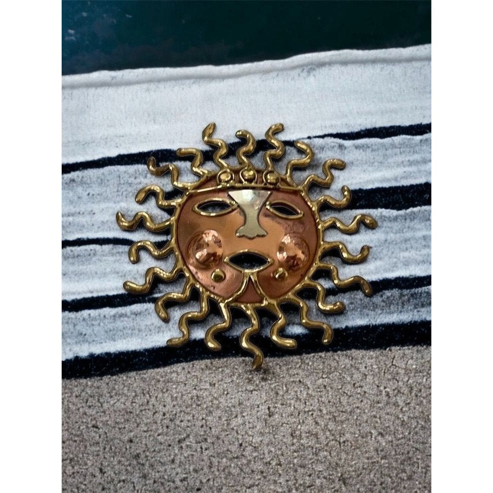 Dramatic Multi-metal Vintage Aztec Sun Mask Brooch Pin