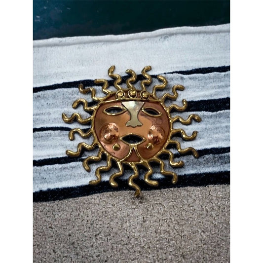 Dramatic Multi-metal Vintage Aztec Sun Mask Brooch Pin