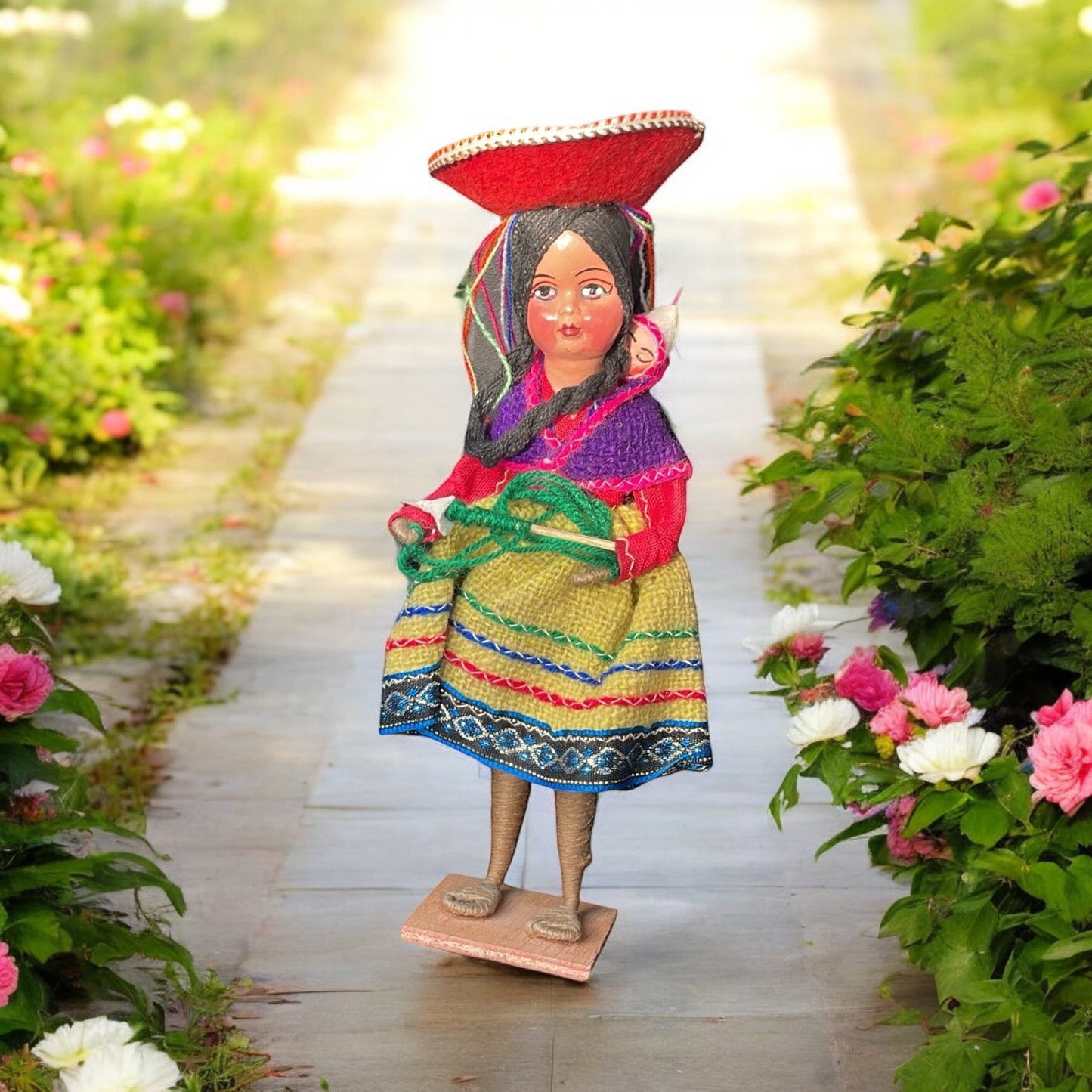 Vintage collectible handmade Peruvian folk art doll - woman and baby