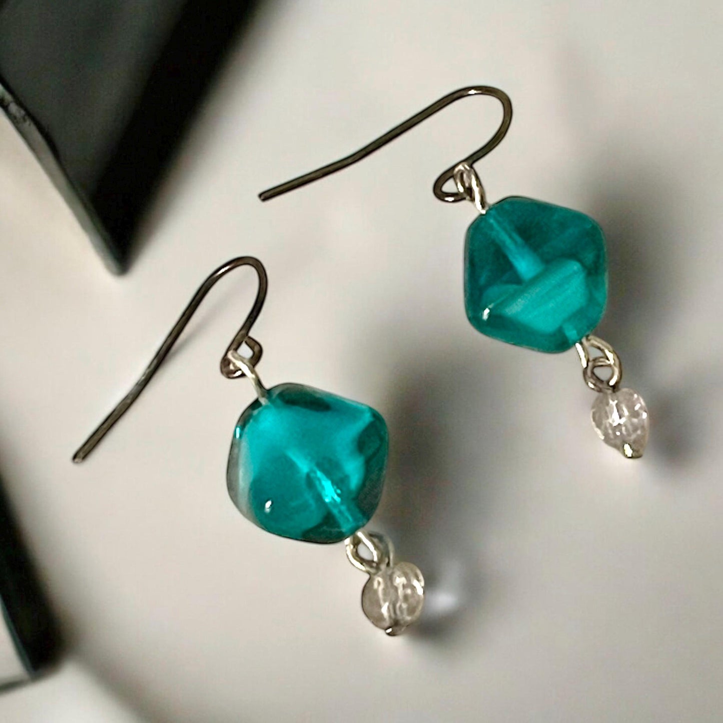 Triangular shaped turquoise glass and crystal drop earrings