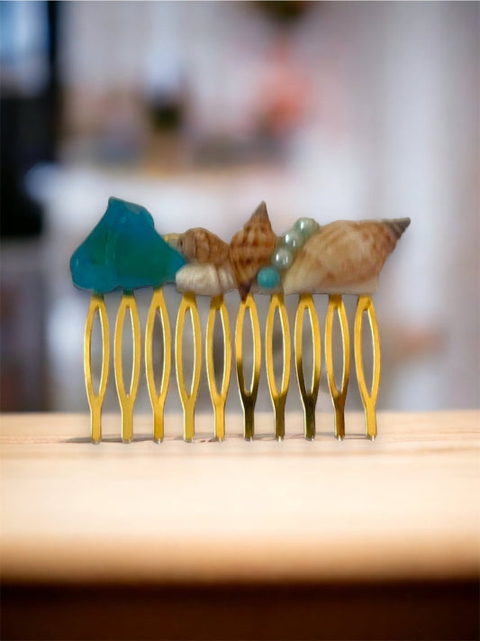 Stunning beach themed hair comb - starfish, stones, shells, faux pearls and blue sea glass on goldtone metal