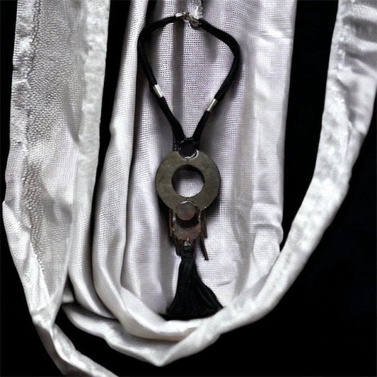 Unique vintage necklace with black suede and silvertone metal