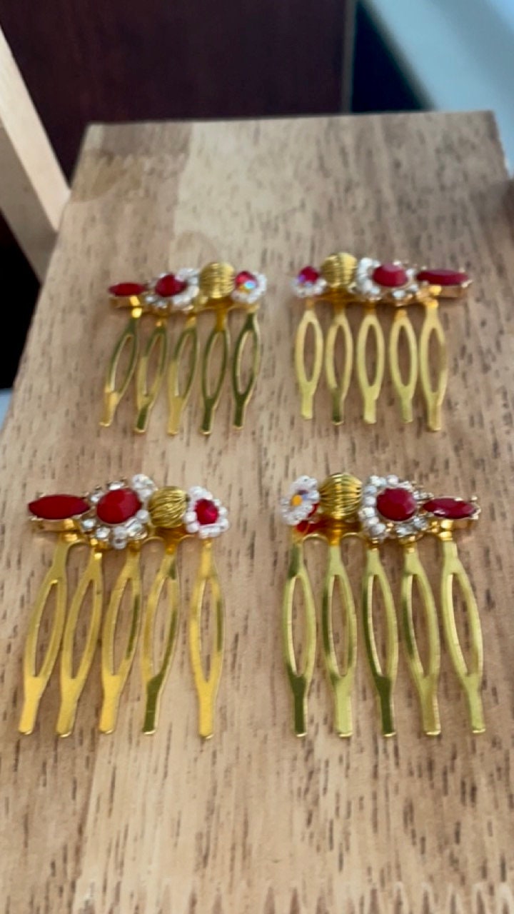 Pair of handmade beadwork and rhinestone mini metal hair combs