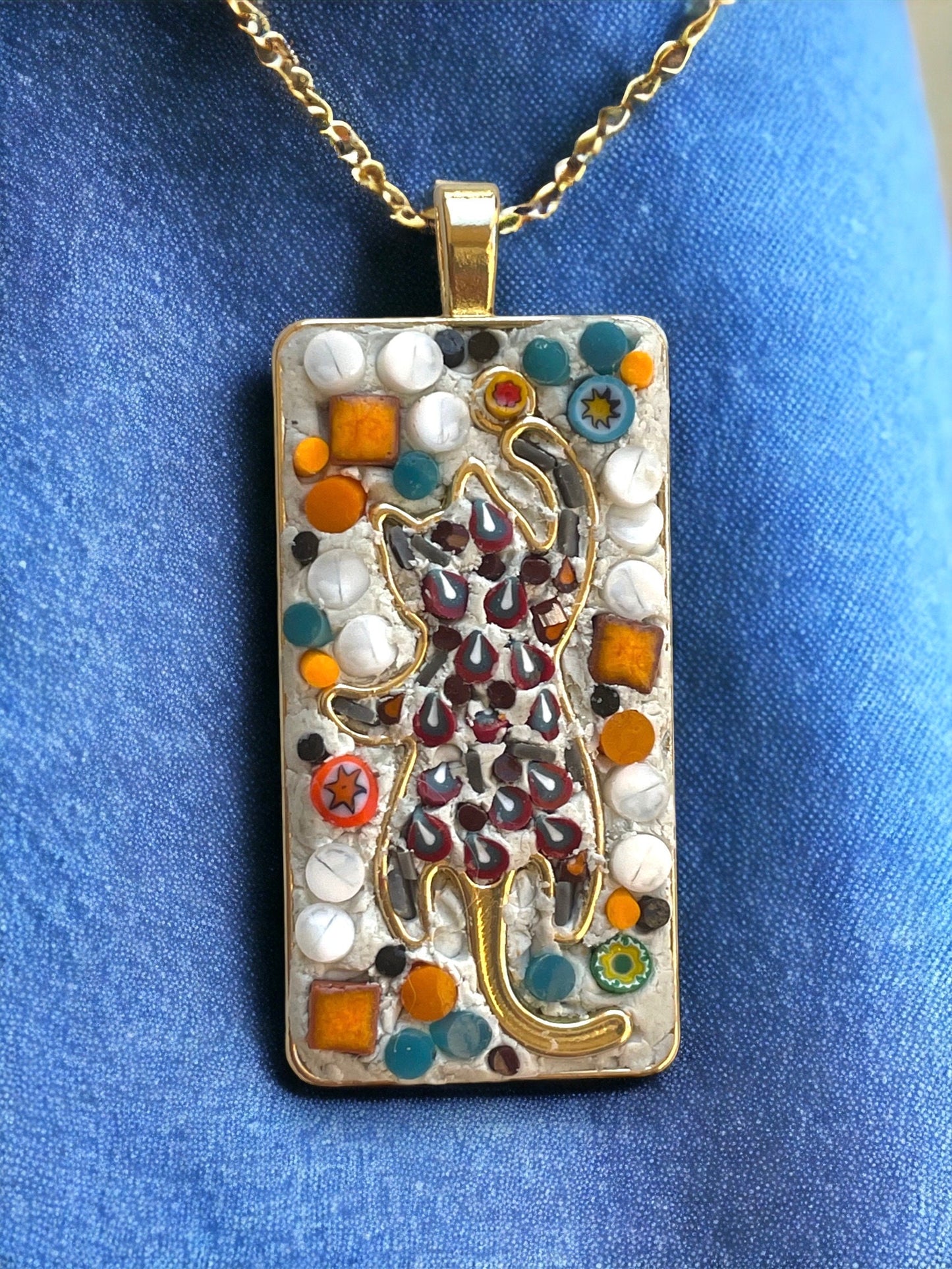 Handmade mixed material micro mosaic cat necklace - made from hand cut millefiori glass and tiles