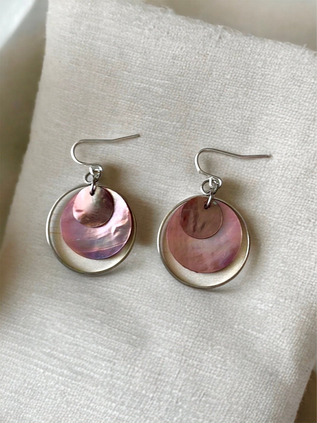 Handmade dangle earrings - color block shades of pink mother-of-pearl with silver hoops - sterling silver ear wires