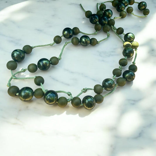 Vintage 33" Green Beaded Necklace – Wood & Plastic Beads – Retro Statement Jewelry – Earthy Boho Chunky Necklace