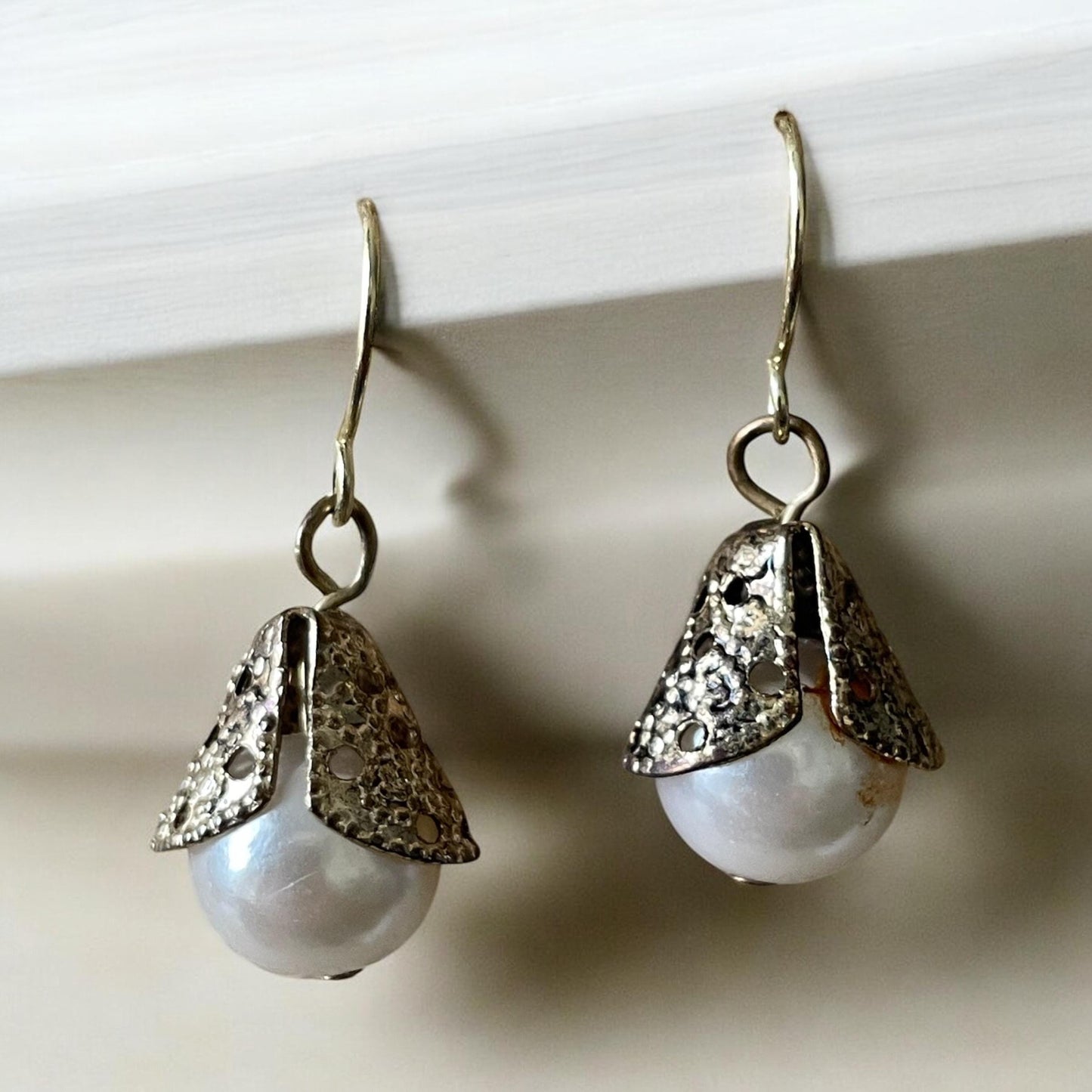 Gold filigree wrapped faux pearl dangle earrings
