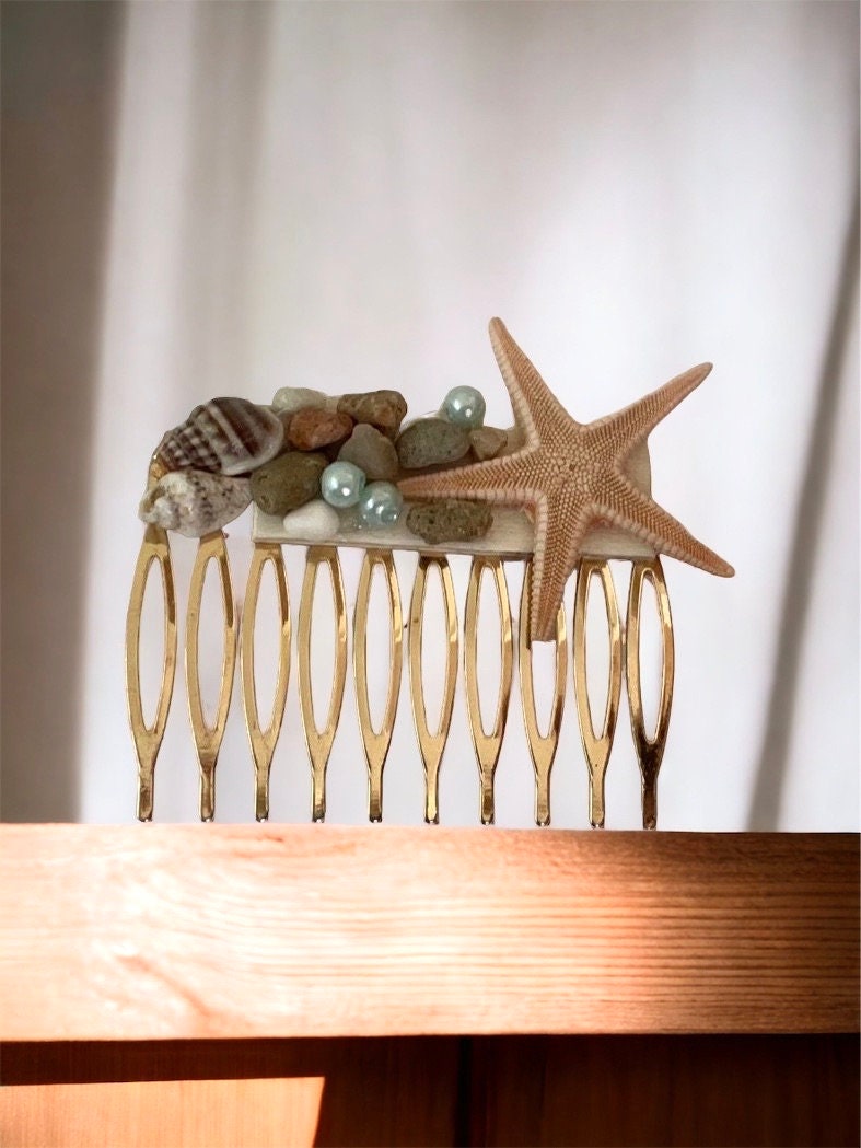 Stunning beach themed hair comb - starfish, stones, shells, faux pearls on goldtone metal