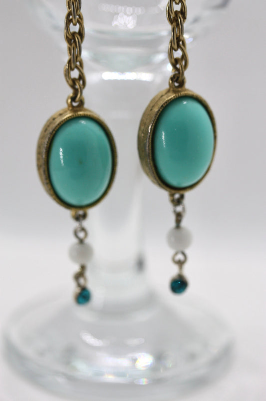 Handmade mixed material dangle earrings made of vintage and new materials - turquoise dangles with white glass and blue rhinestones