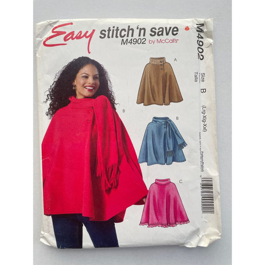 UNCUT Sewing Pattern - McCall's Sewing Pattern M4902 Pullover Poncho with Standing Collar Button Front or Attached Scarf/Fringe - L, XL, XXL