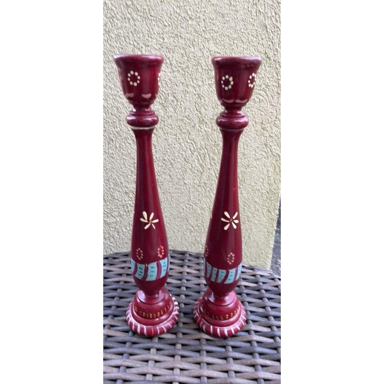 Charming vintage painted wood candlestick holders - folk art style