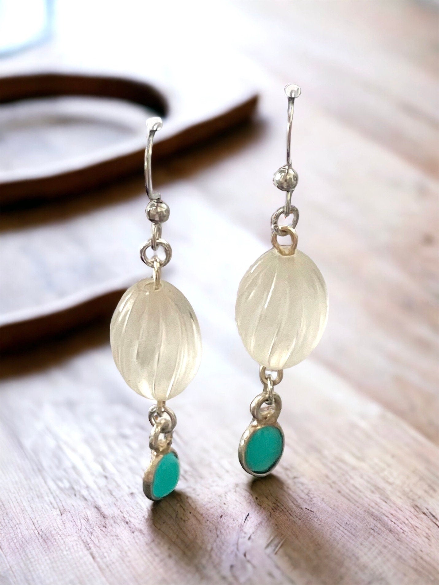 Long dangle earrings made of both new and vintage components - swirled frosted white with blue dangles