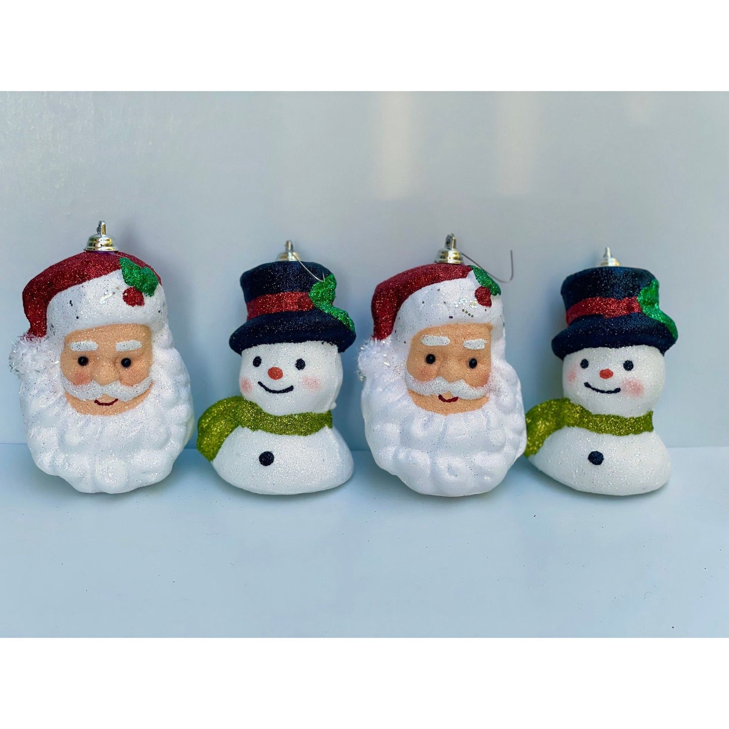 Vintage Santa Claus or Snowman glittered firm foam Christmas ornaments