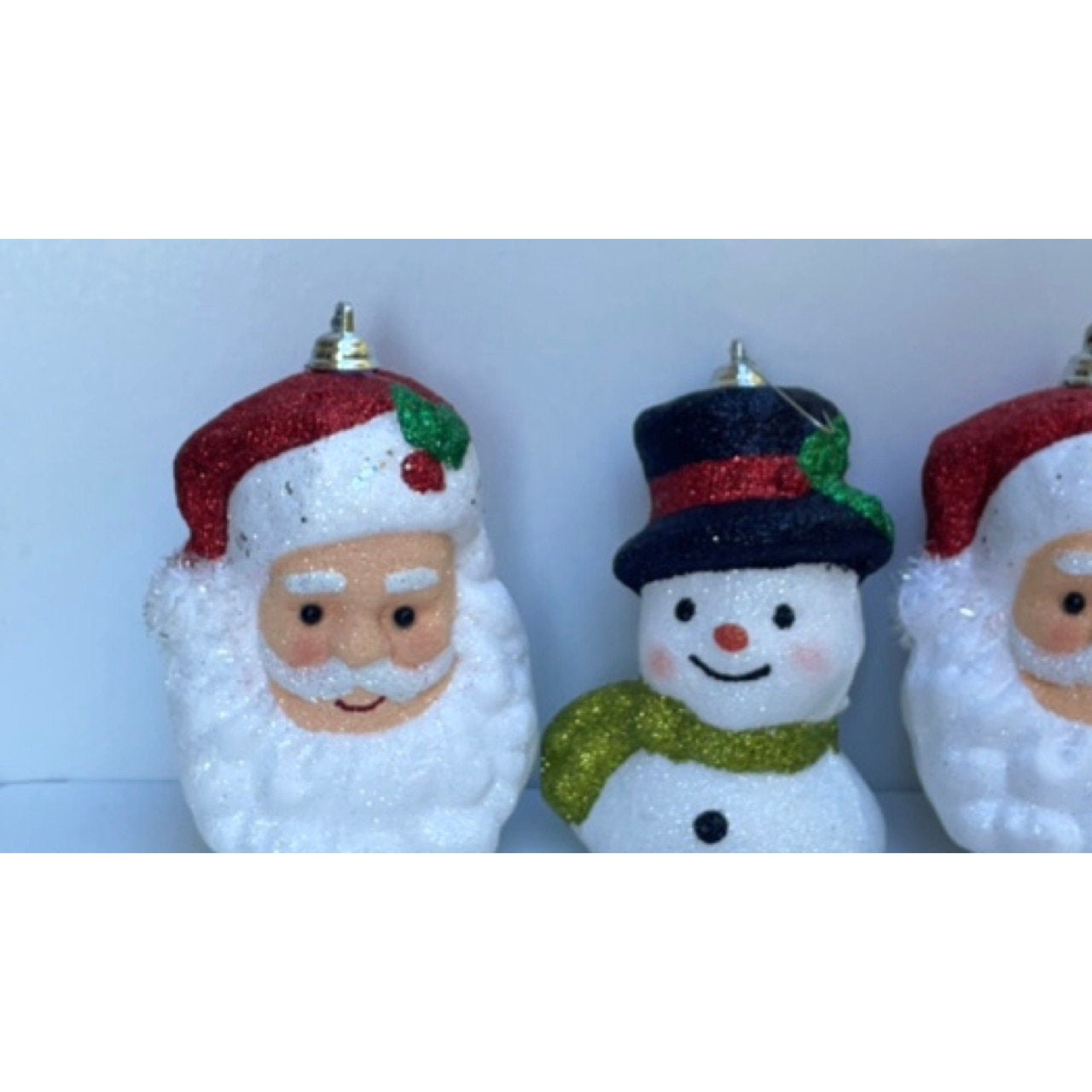 Vintage Santa Claus or Snowman glittered firm foam Christmas ornaments