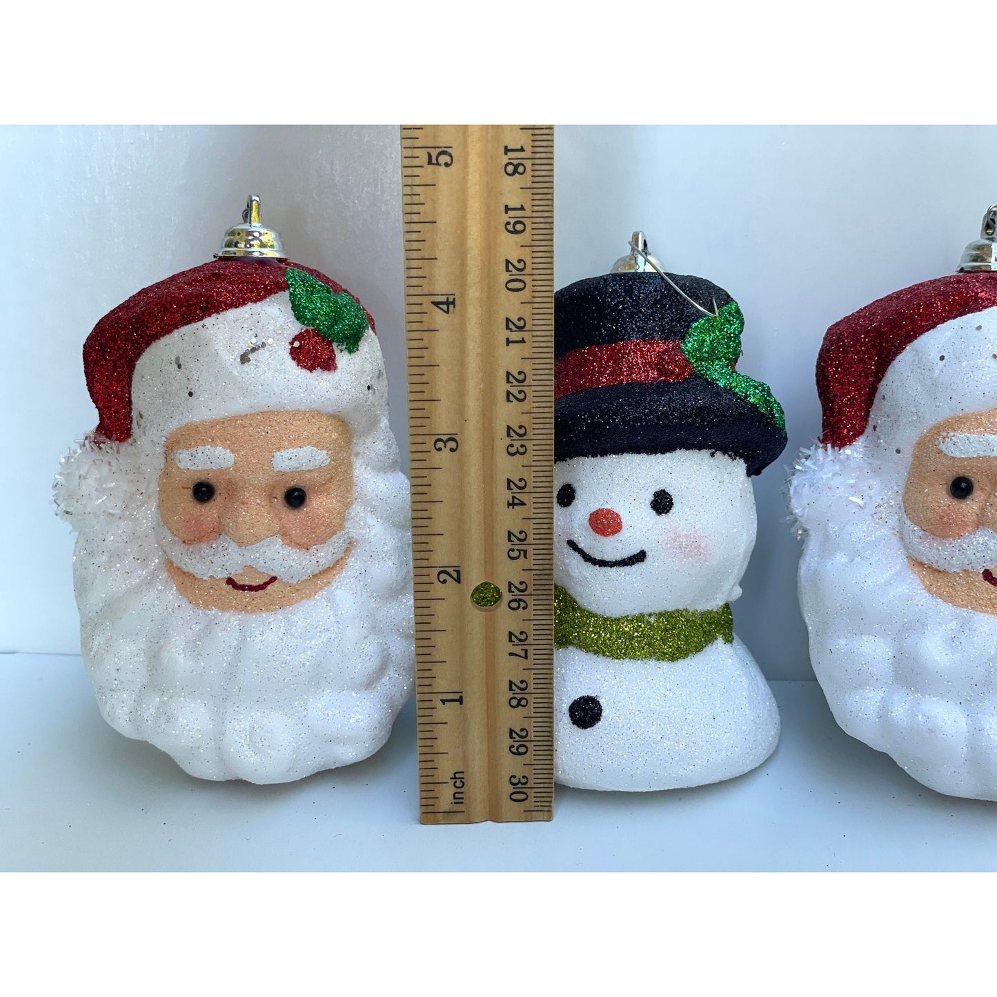 Vintage Santa Claus or Snowman glittered firm foam Christmas ornaments