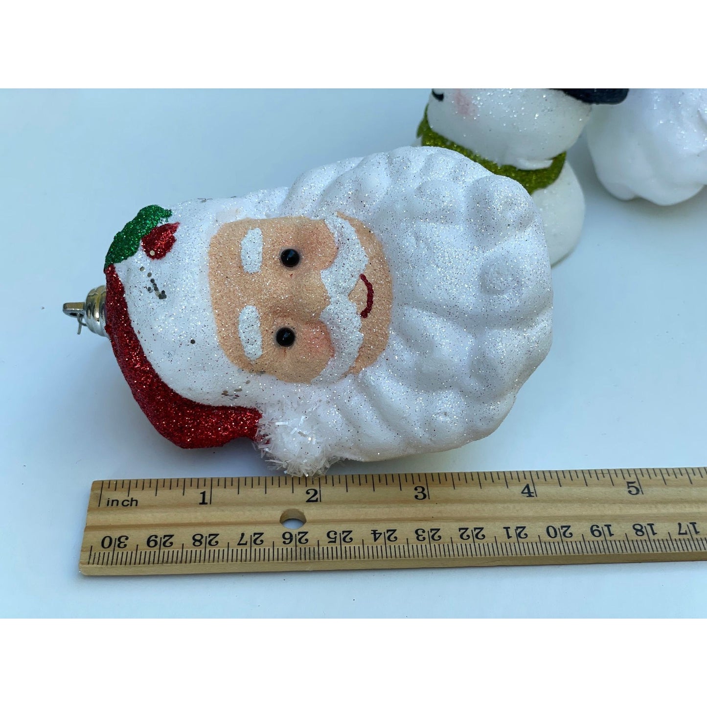 Vintage Santa Claus or Snowman glittered firm foam Christmas ornaments