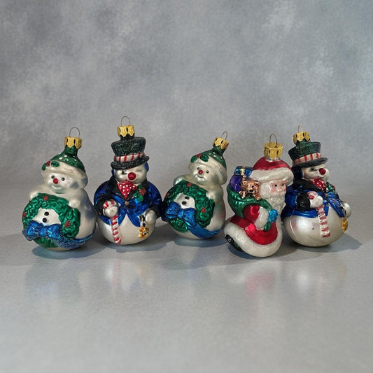 Lot of 5 BK Collection Blown Glass Vintage Christmas Ornaments – Snowmen and Santa
