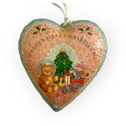 Vintage Paper Mache Baby’s First Christmas Heart Ornament – 1980s Nursery Keepsake Holiday Decor