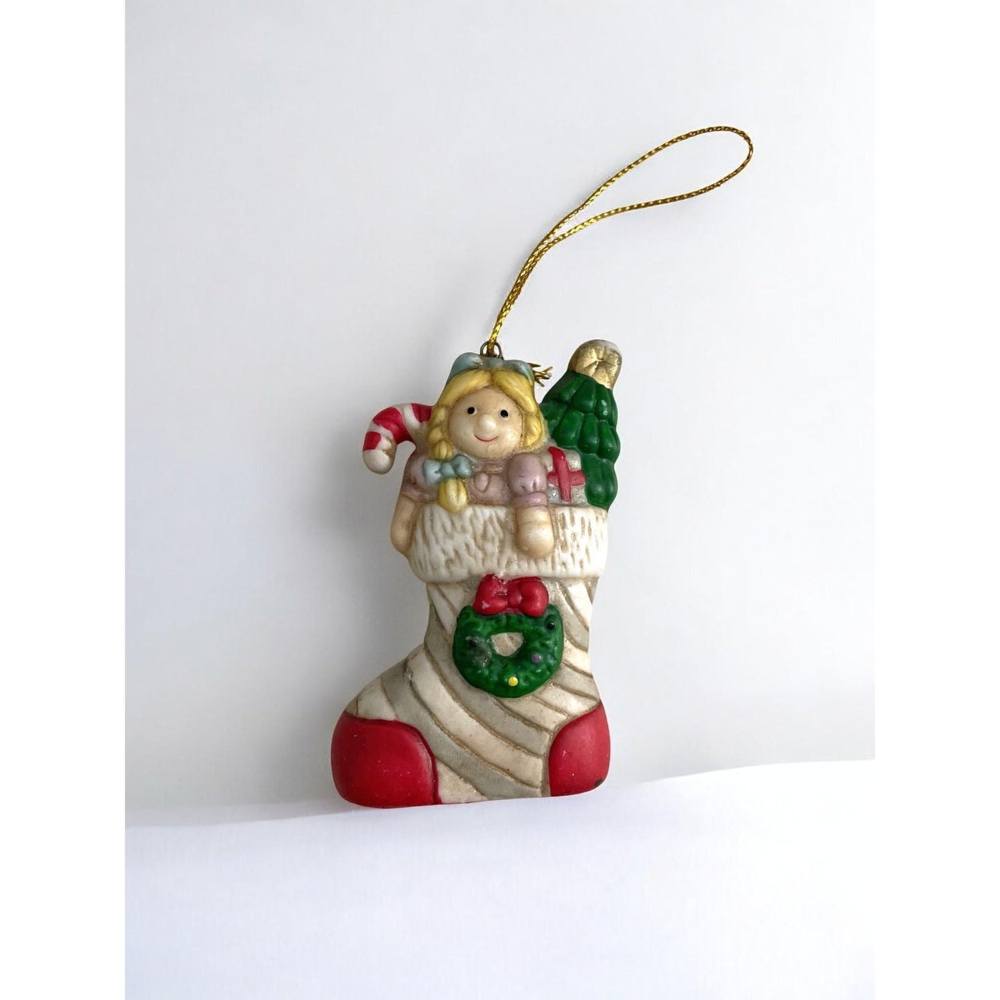 Little Girl Doll with Candy Cane and Christmas Tree – Vintage Handmade Ceramic Christmas Ornament