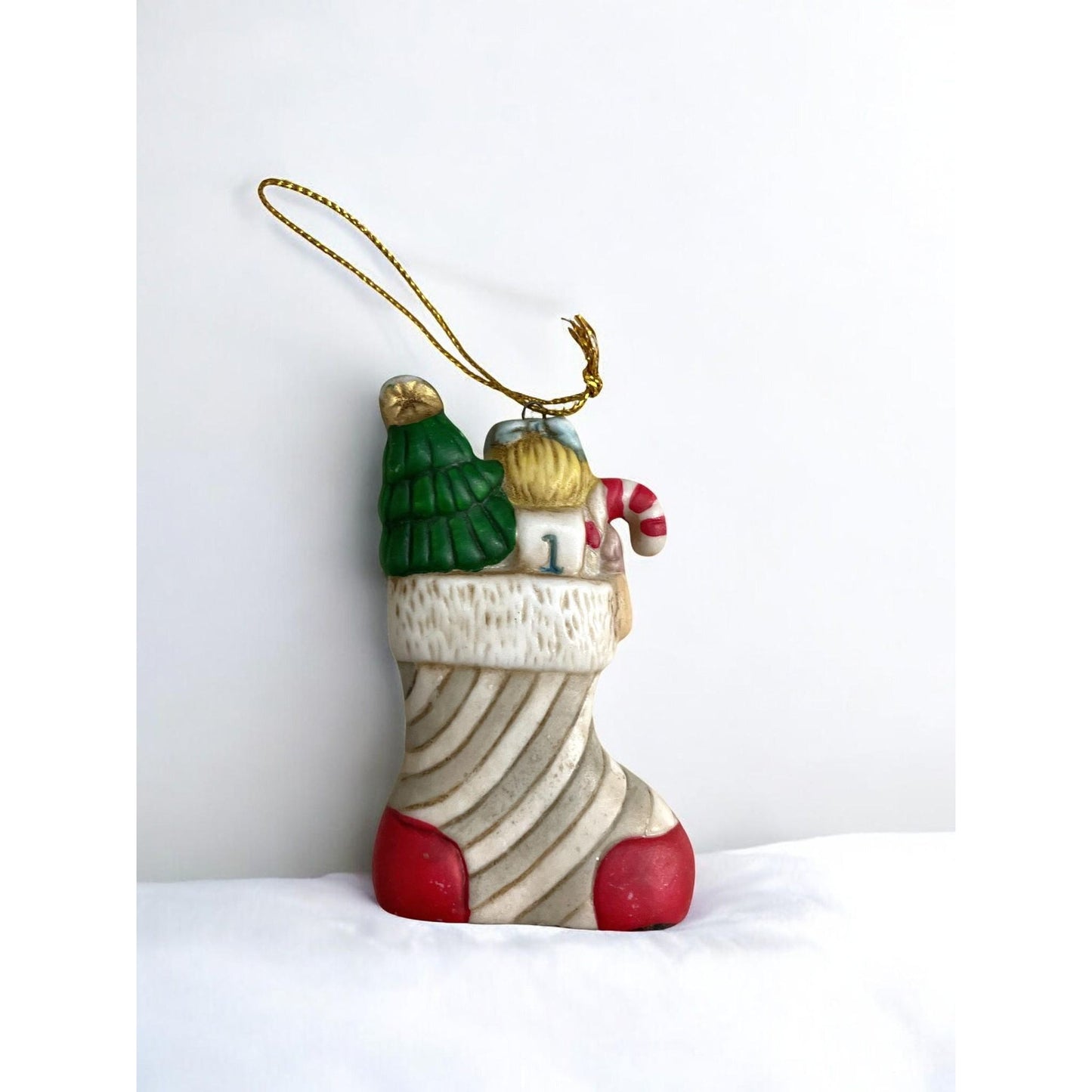 Little Girl Doll with Candy Cane and Christmas Tree – Vintage Handmade Ceramic Christmas Ornament