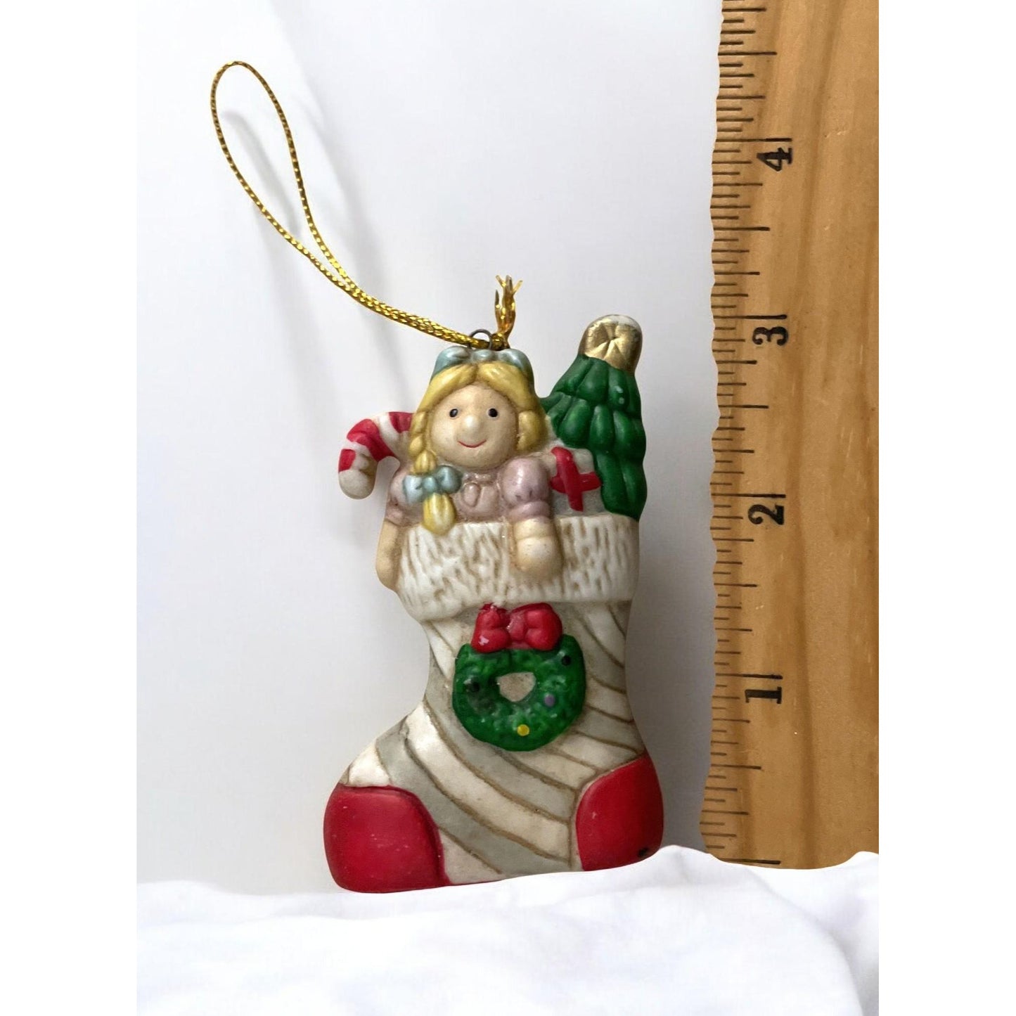 Little Girl Doll with Candy Cane and Christmas Tree – Vintage Handmade Ceramic Christmas Ornament