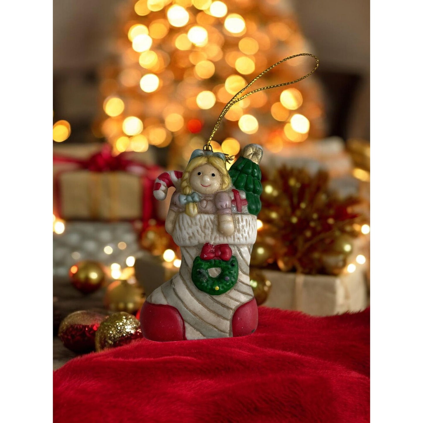 Little Girl Doll with Candy Cane and Christmas Tree – Vintage Handmade Ceramic Christmas Ornament