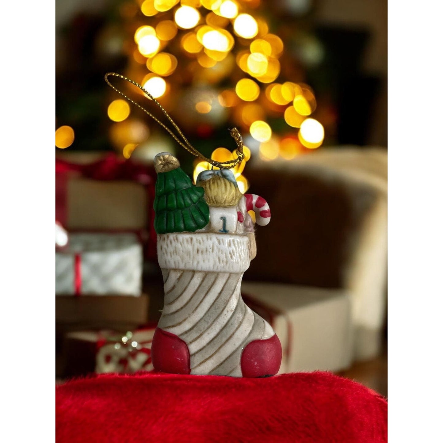 Little Girl Doll with Candy Cane and Christmas Tree – Vintage Handmade Ceramic Christmas Ornament