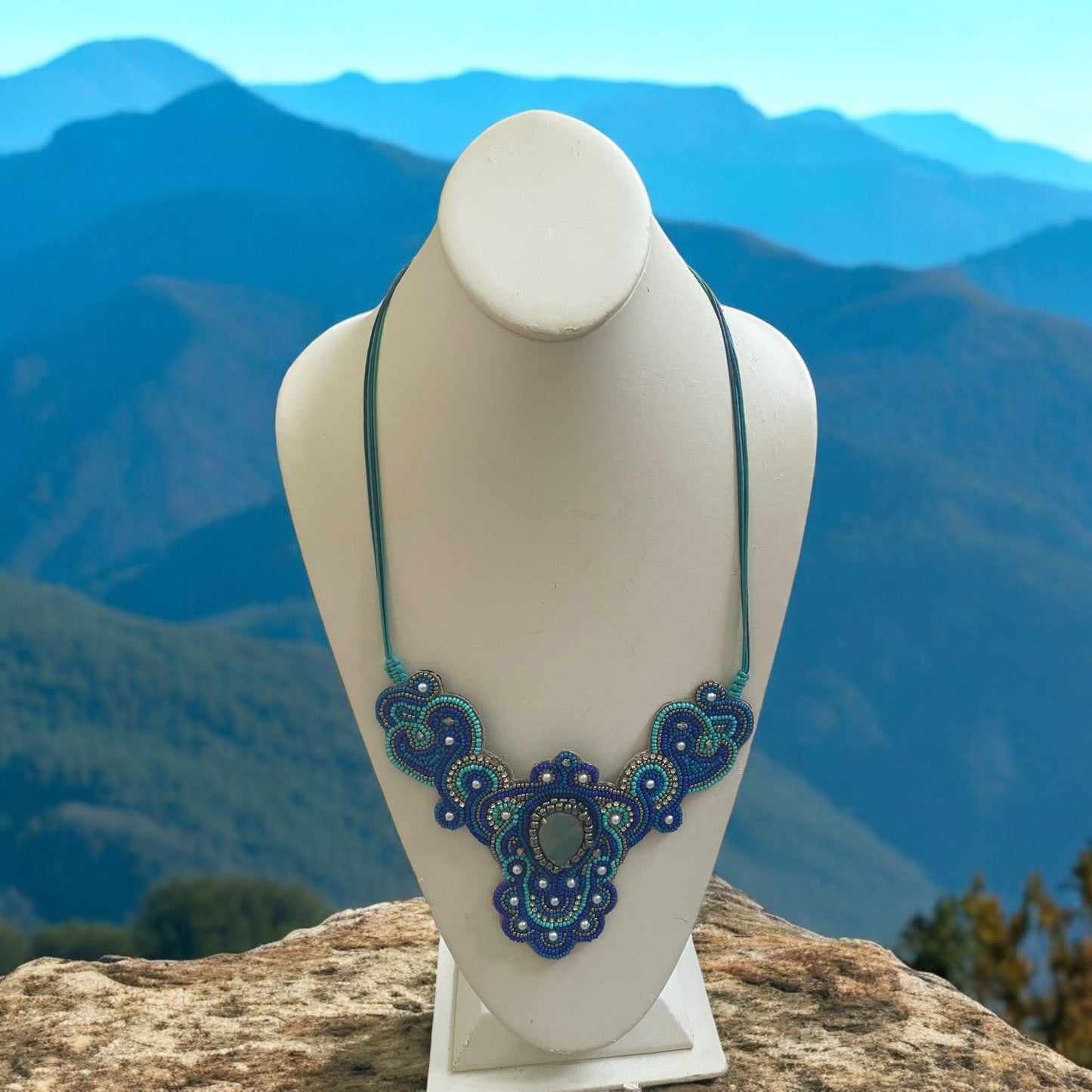 Stunning beadwork necklace with velvet felt backing