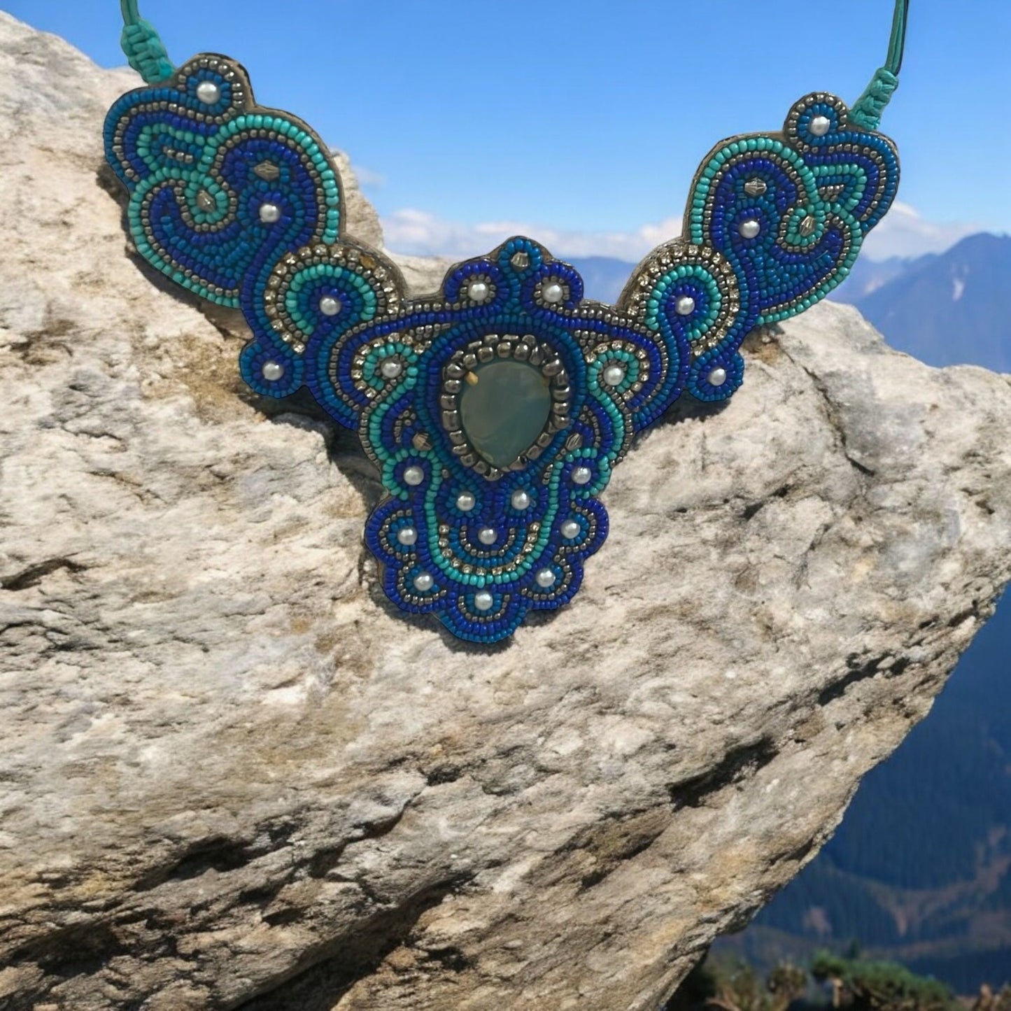 Stunning beadwork necklace with velvet felt backing