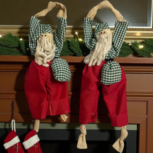 Vintage Handmade Scandinavian-Style Santa Shelf Sitters – Cloth Nordic-Style Christmas Decor - Pair