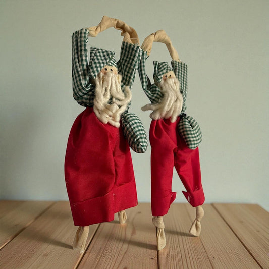 Vintage Handmade Scandinavian-Style Santa Shelf Sitters – Cloth Nordic-Style Christmas Decor - Pair