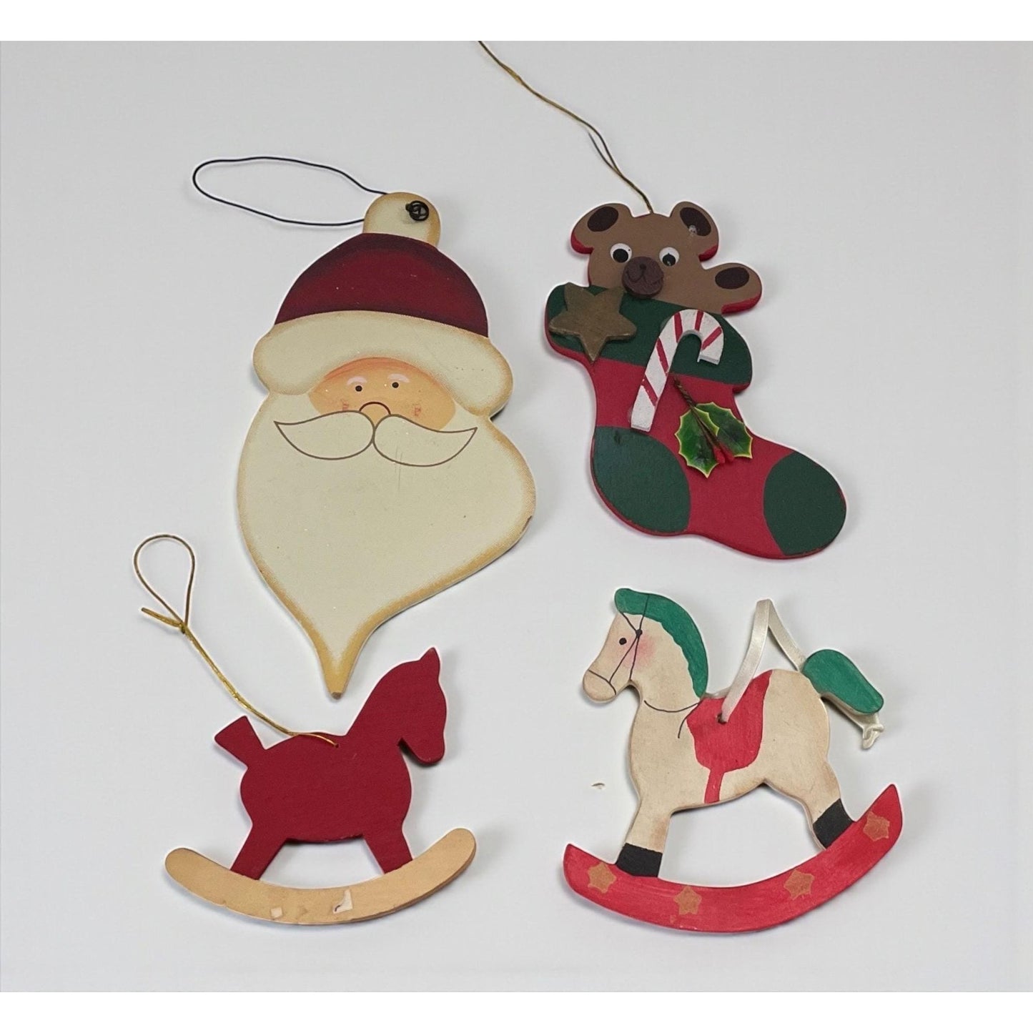 Rustic Wooden Christmas Ornament Set of 4 – Santa Face, Teddy Bear Stocking & Rocking Horses – Holiday Tree Decorations