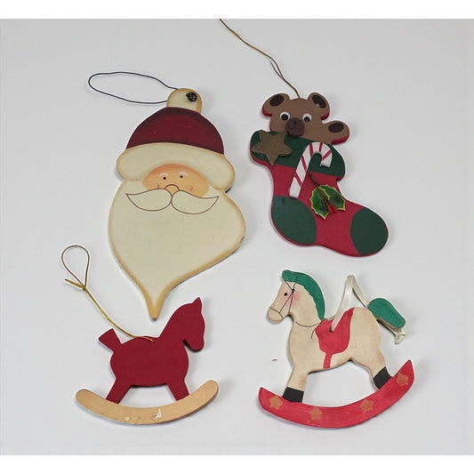 Rustic Wooden Christmas Ornament Set of 4 – Santa Face, Teddy Bear Stocking & Rocking Horses – Holiday Tree Decorations