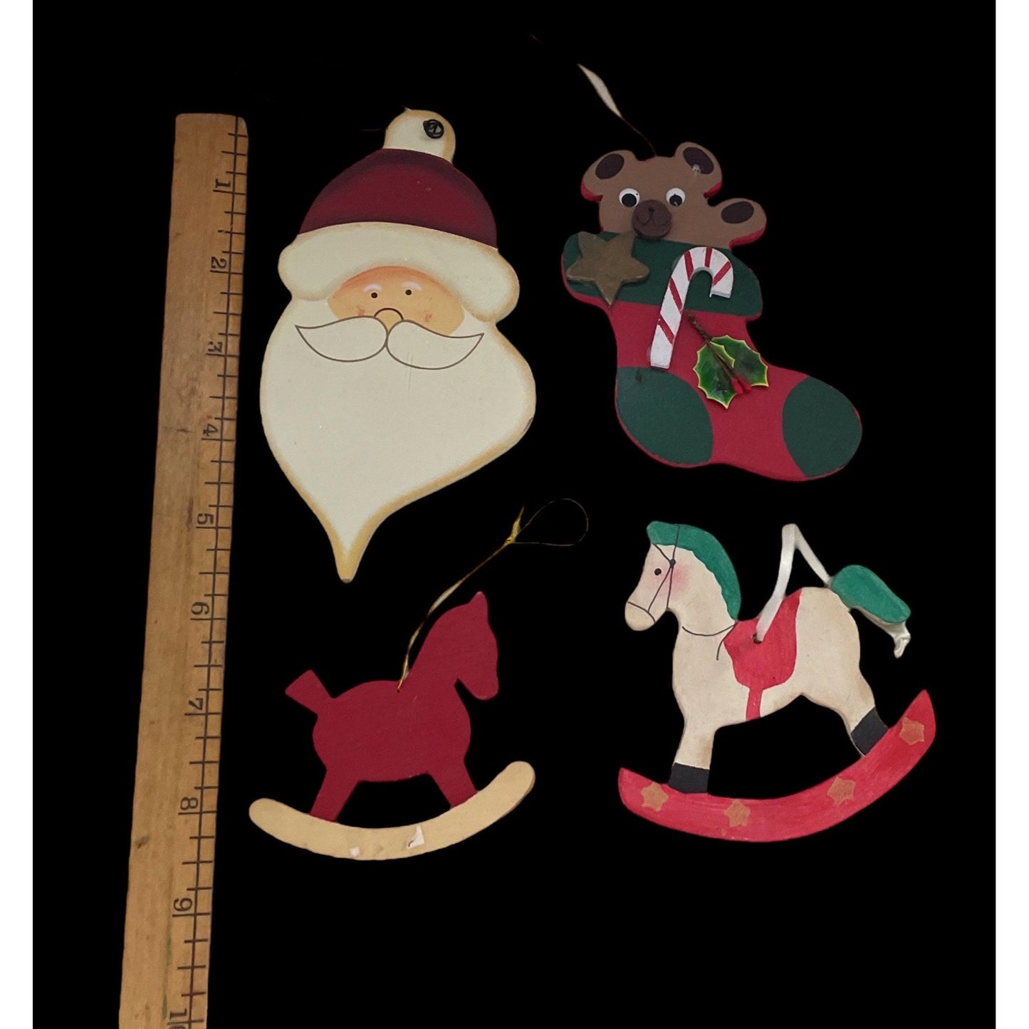 Rustic Wooden Christmas Ornament Set of 4 – Santa Face, Teddy Bear Stocking & Rocking Horses – Holiday Tree Decorations