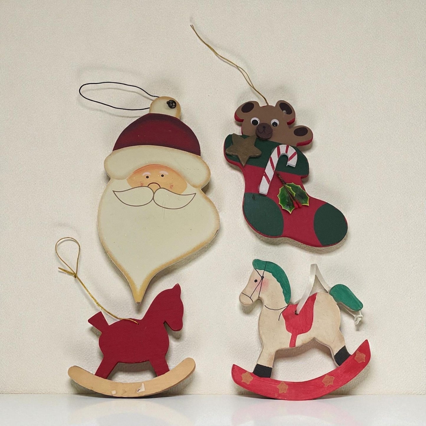 Rustic Wooden Christmas Ornament Set of 4 – Santa Face, Teddy Bear Stocking & Rocking Horses – Holiday Tree Decorations
