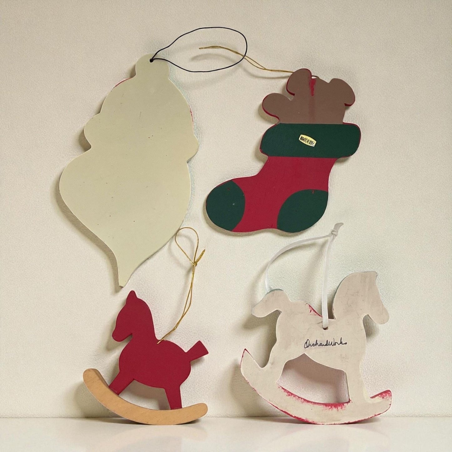 Rustic Wooden Christmas Ornament Set of 4 – Santa Face, Teddy Bear Stocking & Rocking Horses – Holiday Tree Decorations