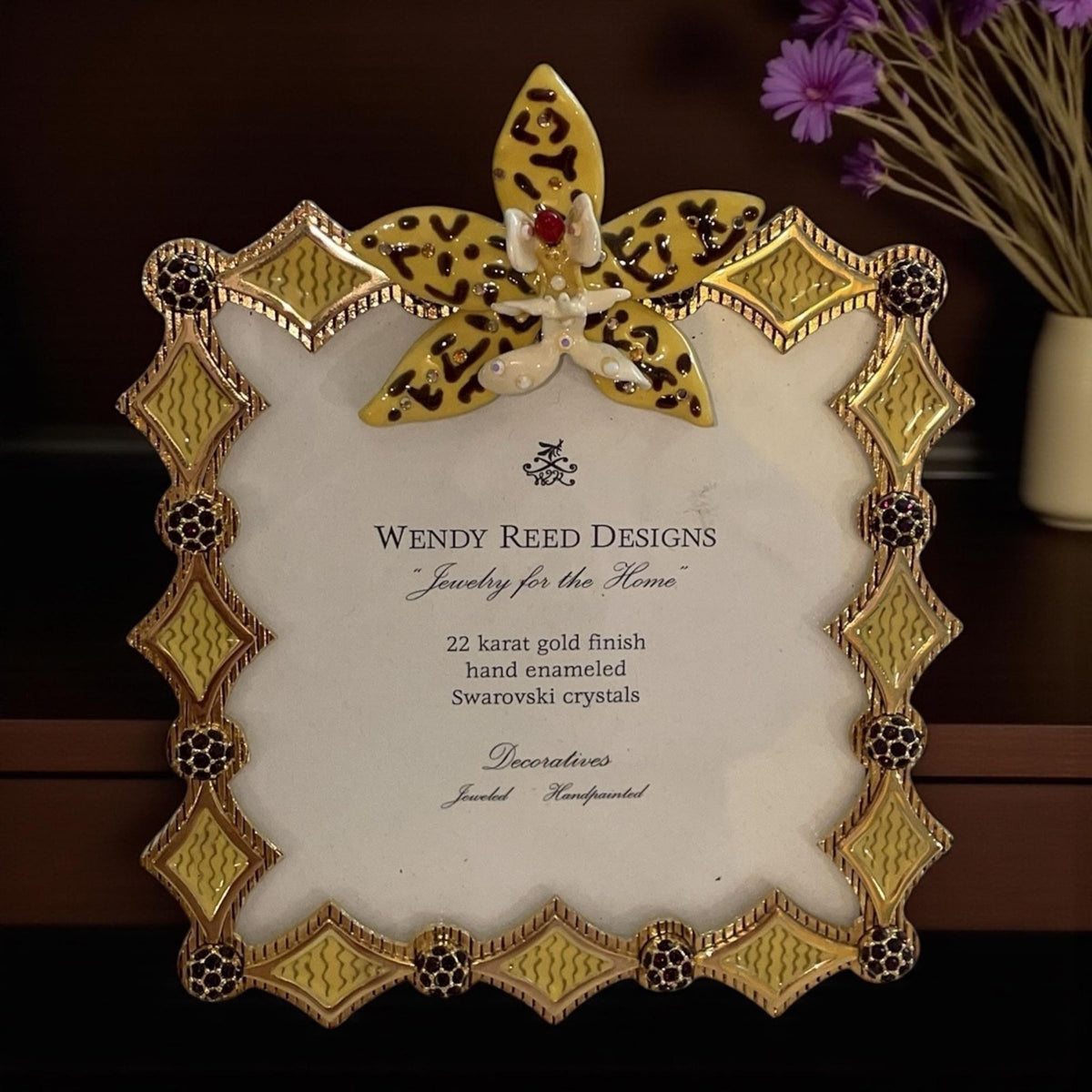 Wendy Reed 2002 Picture Frame – Yellow Hand-Enameled Swarovski Crystal Frame, 22K Gold Finish, Vintage Luxury Decor - NEVER USED, Very Rare