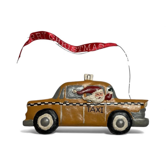 Kurt S. Adler Santa in NYC Taxi Ornament – Vintage Yellow Cab Resin Christmas Decoration