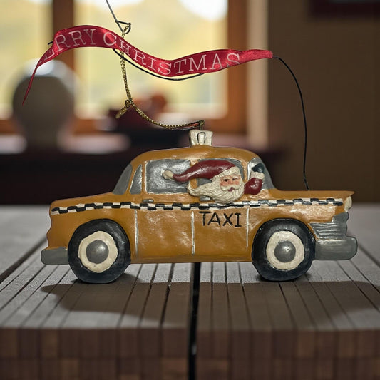 Kurt S. Adler Santa in NYC Taxi Ornament – Vintage Yellow Cab Resin Christmas Decoration